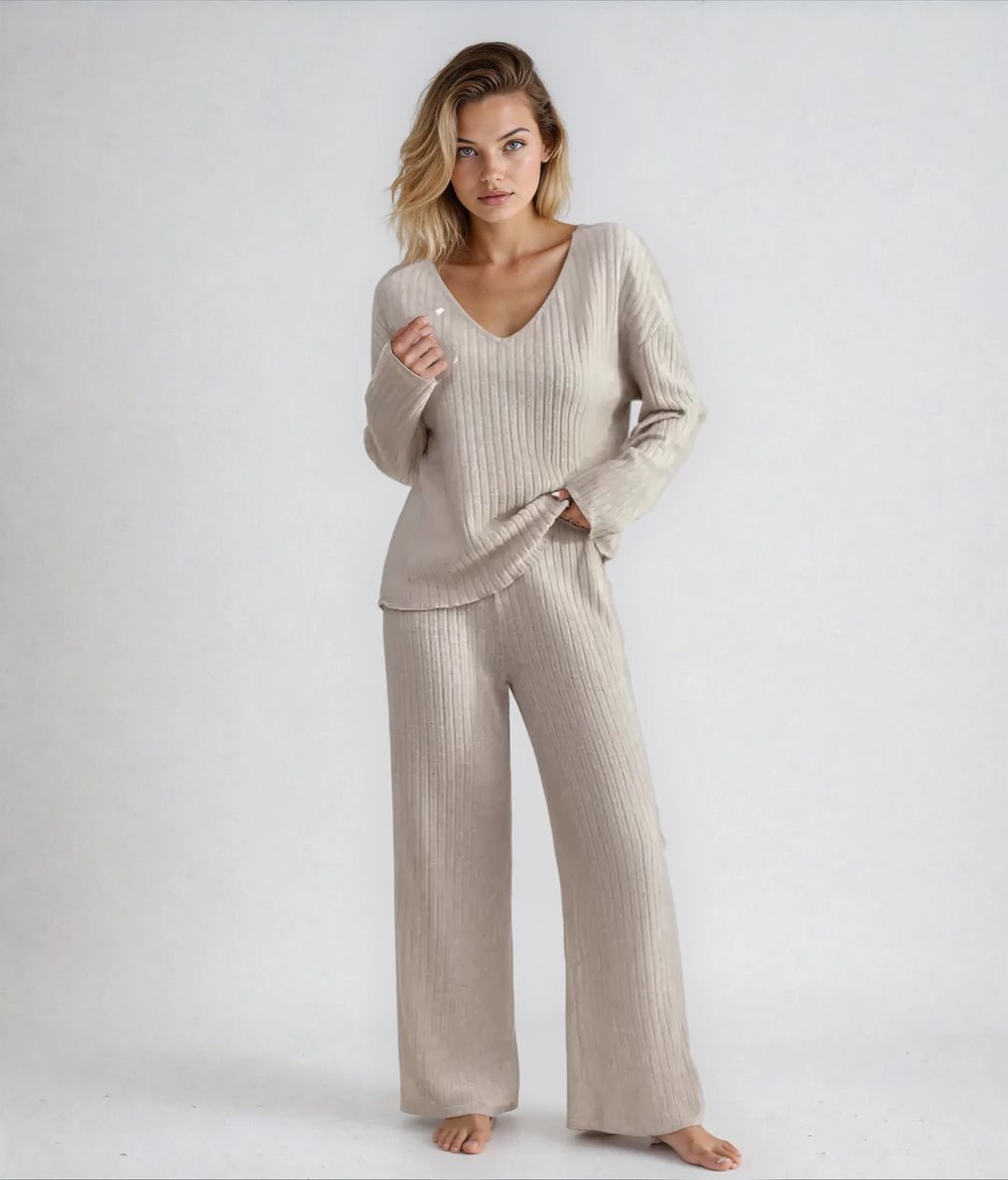 HABAN | Conjunto de dos piezas con pantalones rectos y top con escote en V