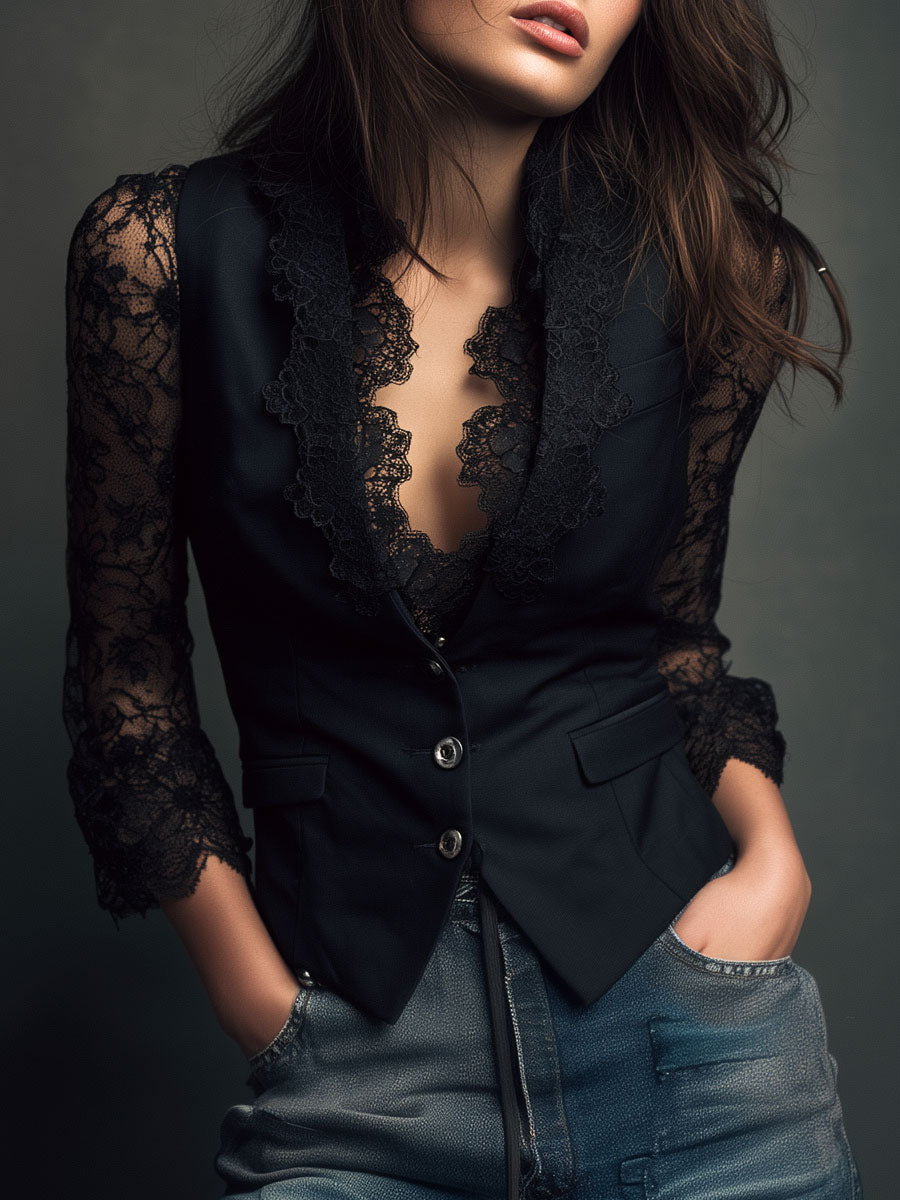VITTORIA | Blazer Negro con Mangas Semi-Transparentes
