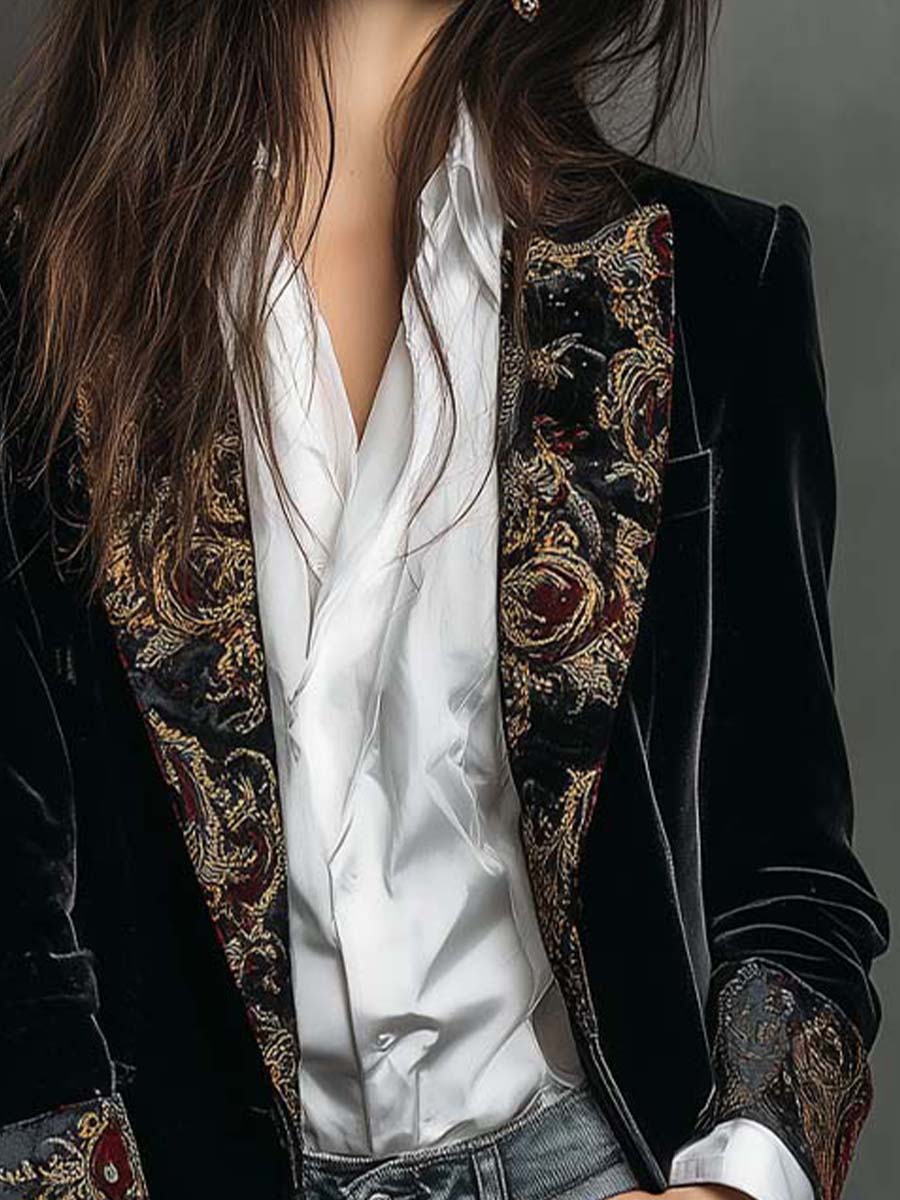 CAMILLA | Blazer Ajustado con Estampado Barroco Negro
