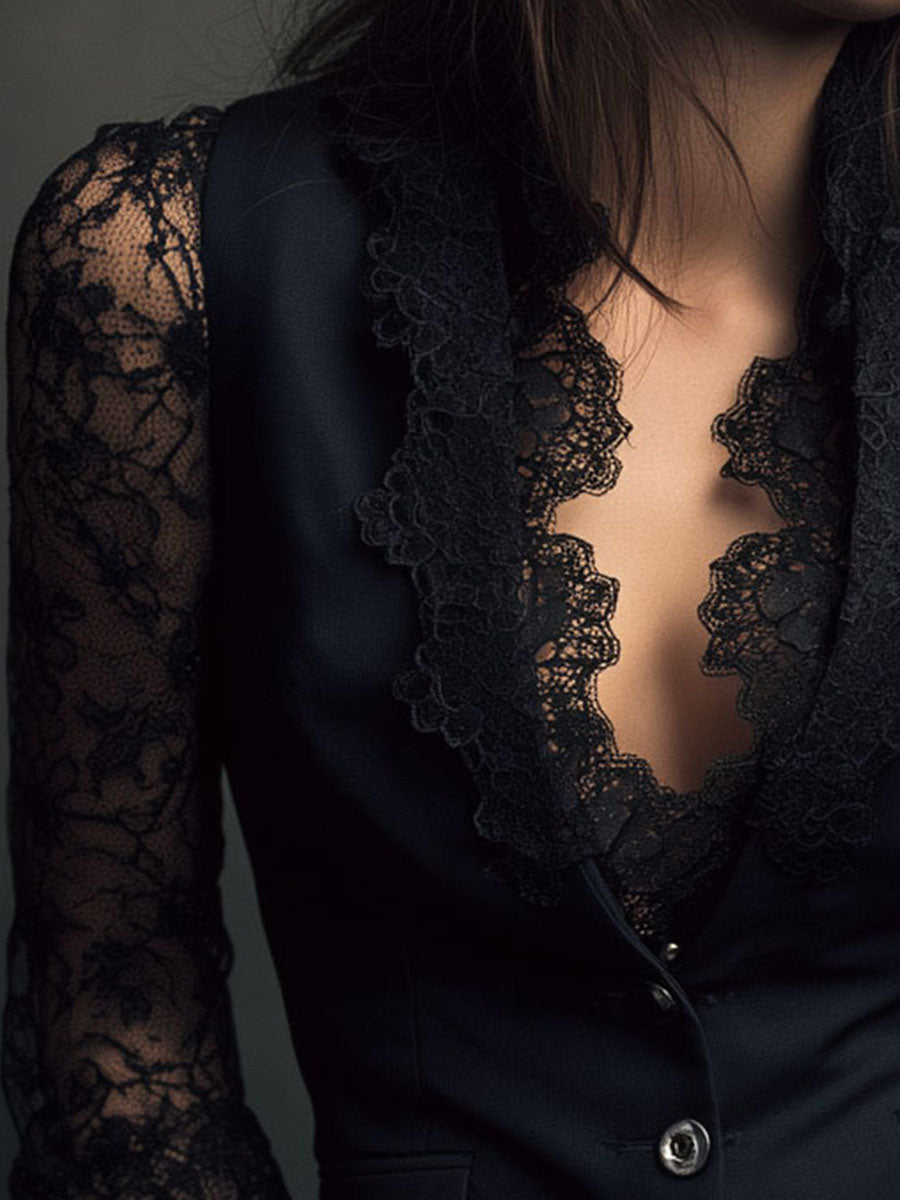 VITTORIA | Blazer Negro con Mangas Semi-Transparentes