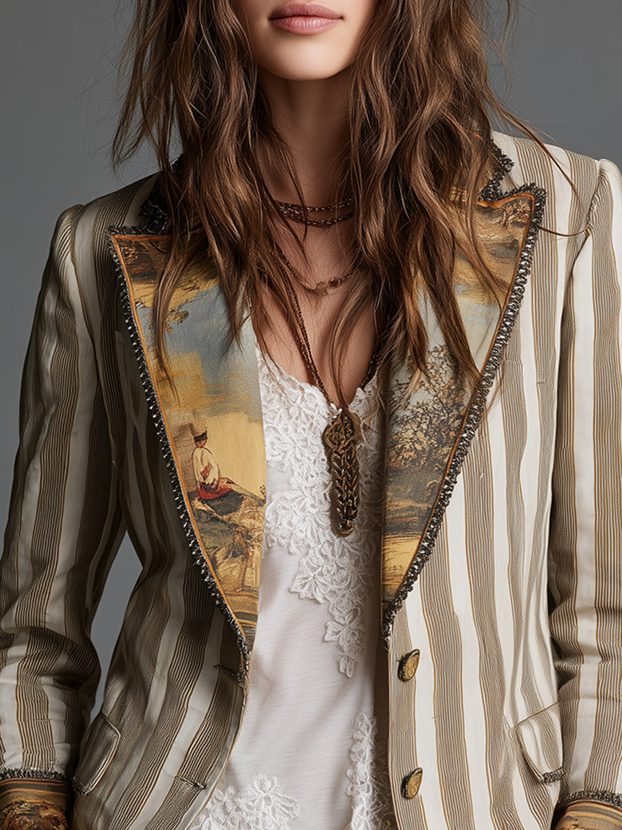 ROSANNA | Blazer Bohemio a Rayas con Cuello Estampado