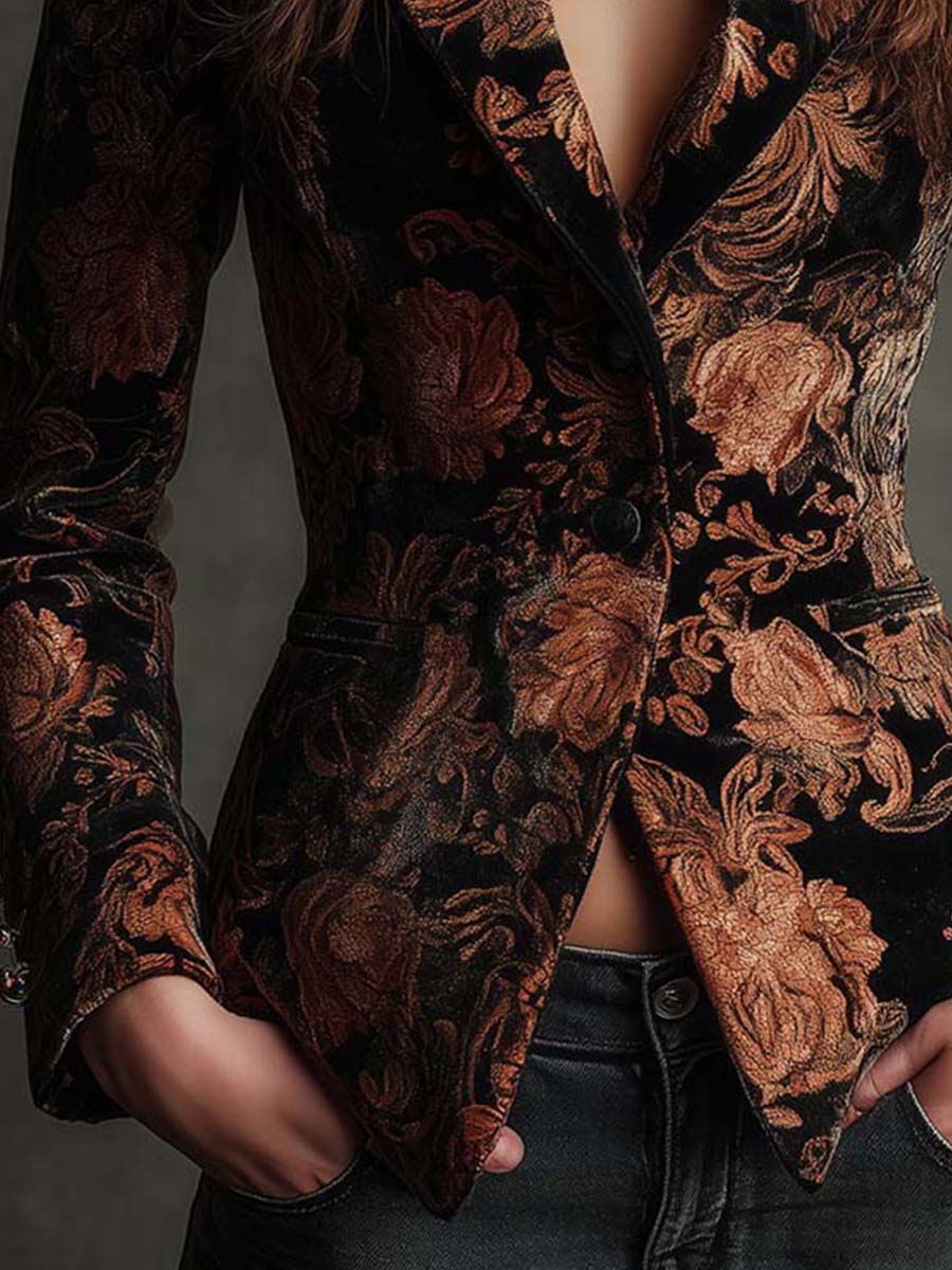SOFIA | Blazer Sartorial con Estampado Floral Negro y Bronce