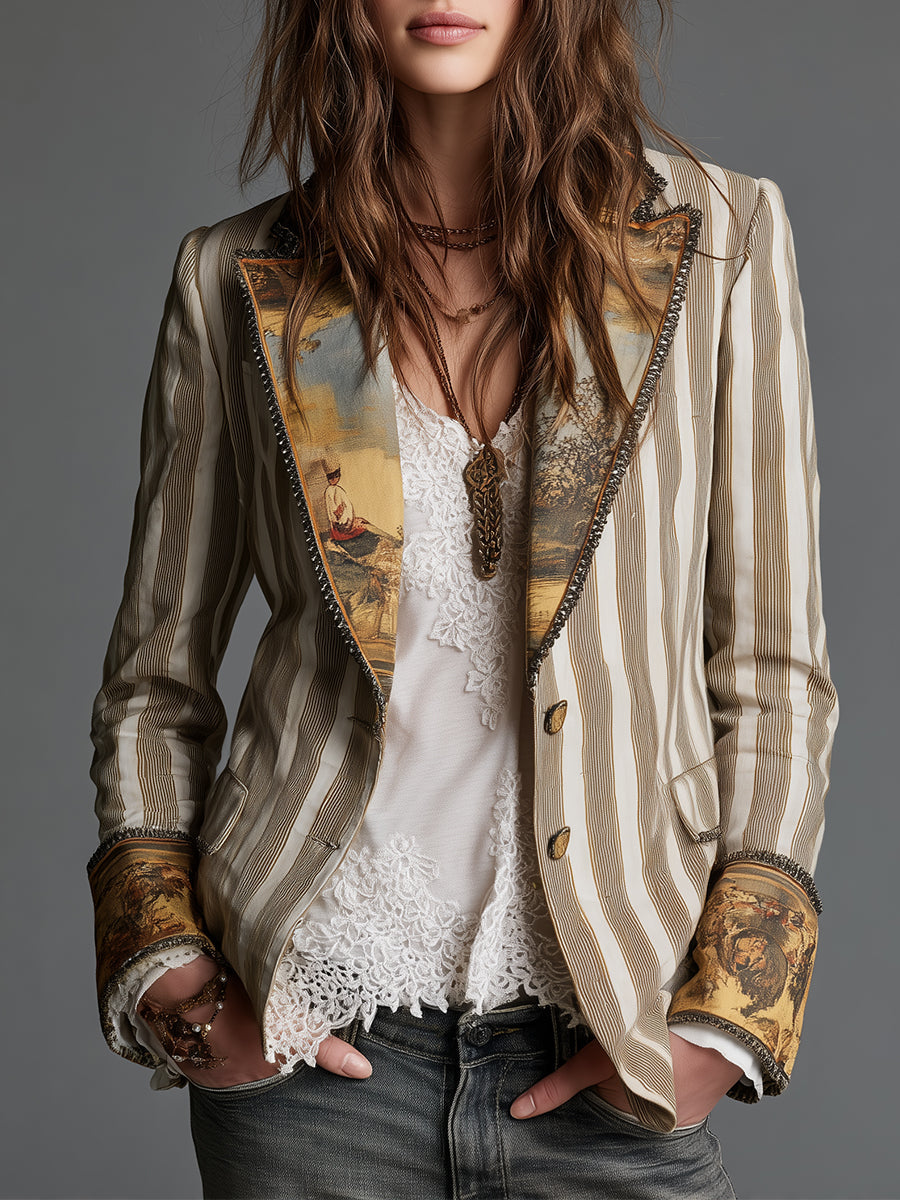 ROSANNA | Blazer Bohemio a Rayas con Cuello Estampado