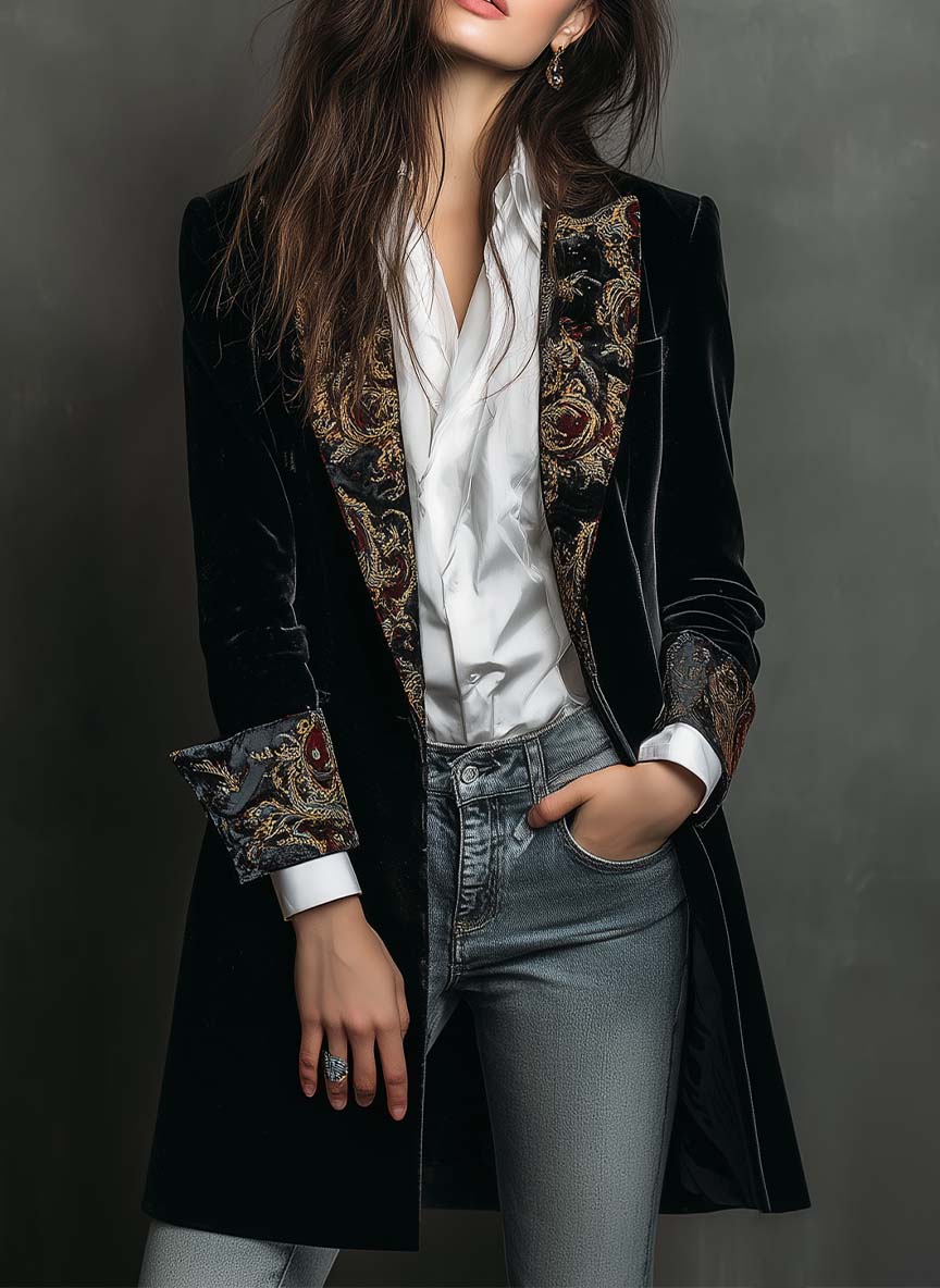 CAMILLA | Blazer Ajustado con Estampado Barroco Negro