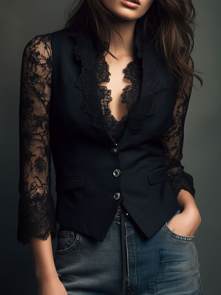 VITTORIA | Blazer Negro con Mangas Semi-Transparentes