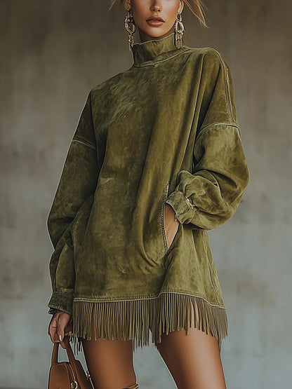 AMALIA | Vestido de ante con cuello alto y flecos