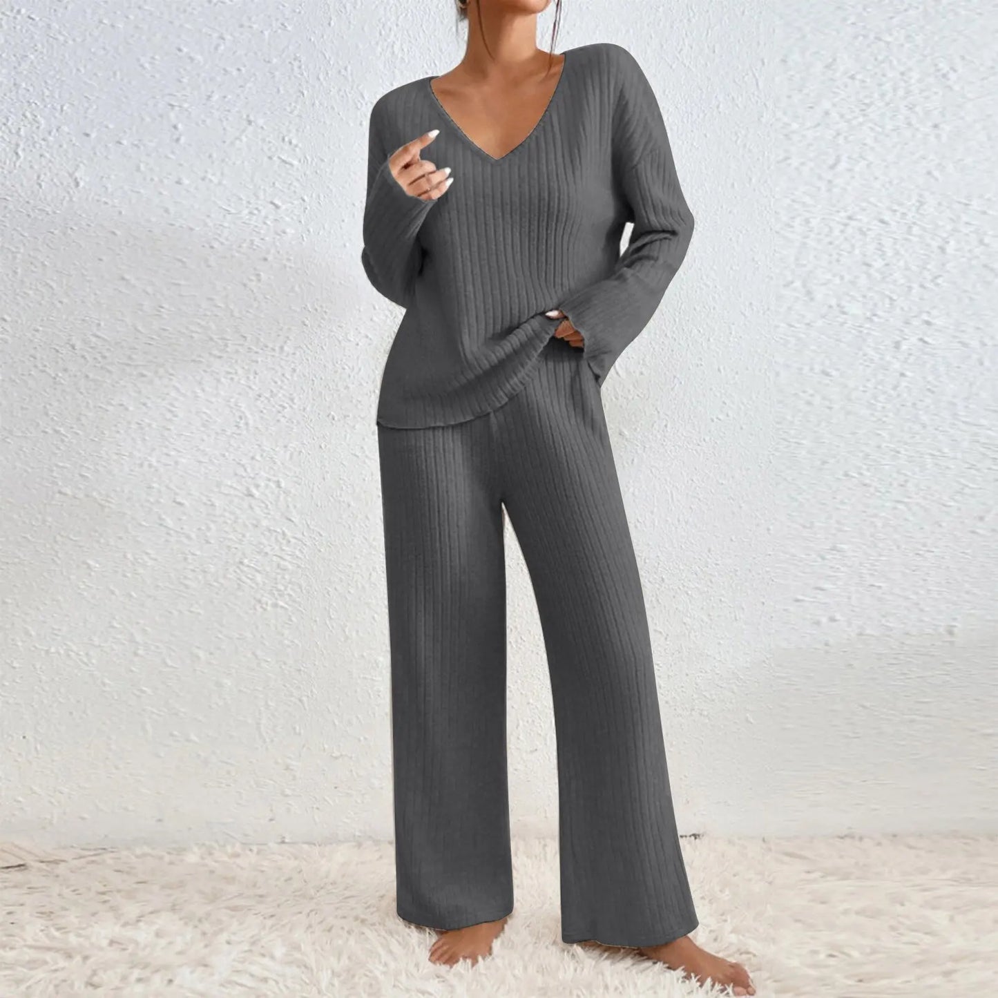 HABAN | Conjunto de dos piezas con pantalones rectos y top con escote en V