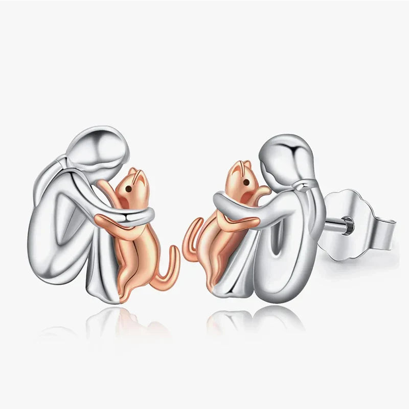 Pendientes Cat Hug bicolor de plata y oro