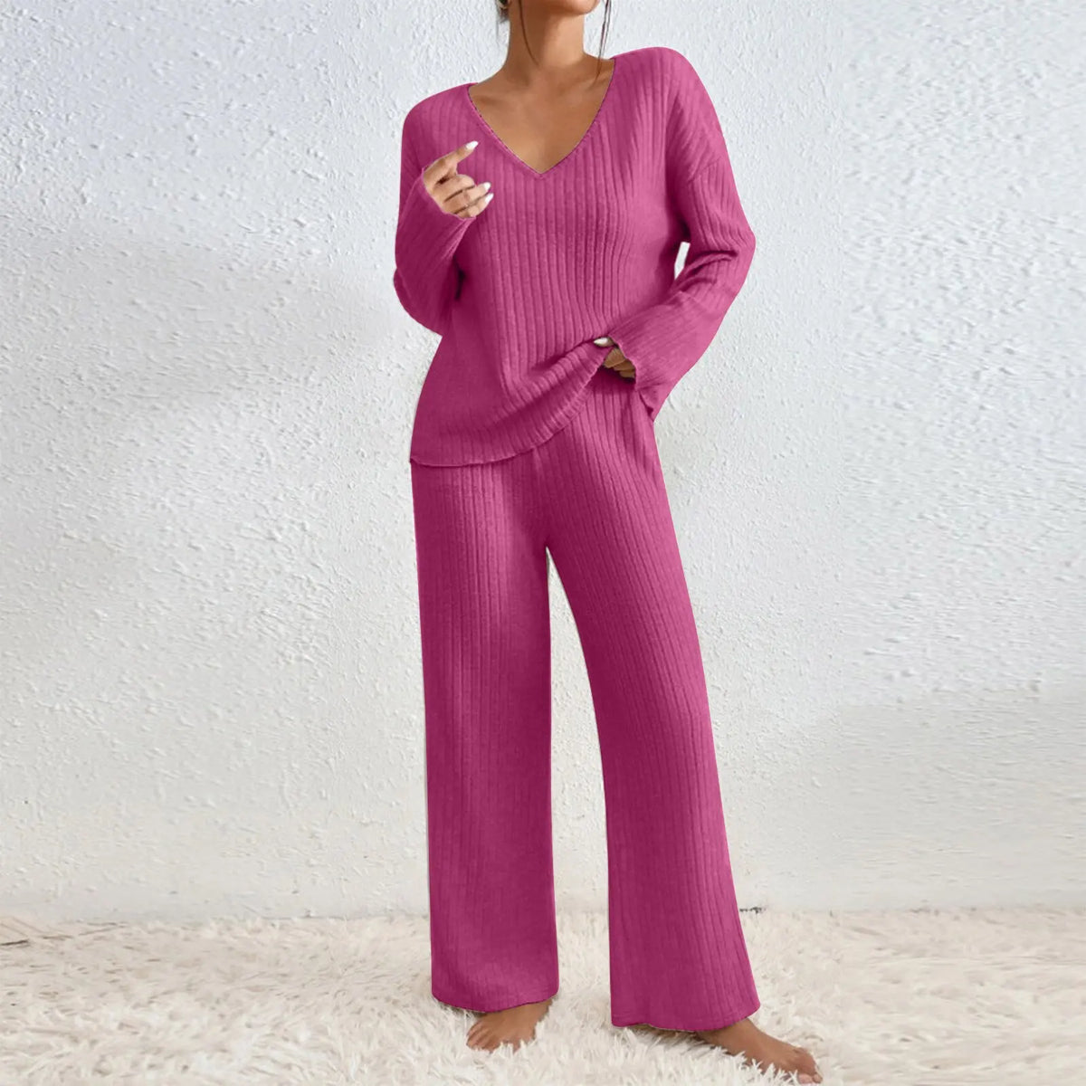 HABAN | Conjunto de dos piezas con pantalones rectos y top con escote en V