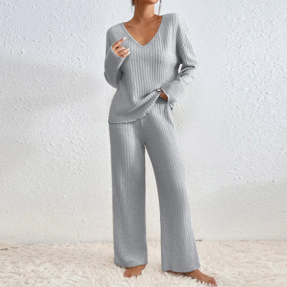 HABAN | Conjunto de dos piezas con pantalones rectos y top con escote en V