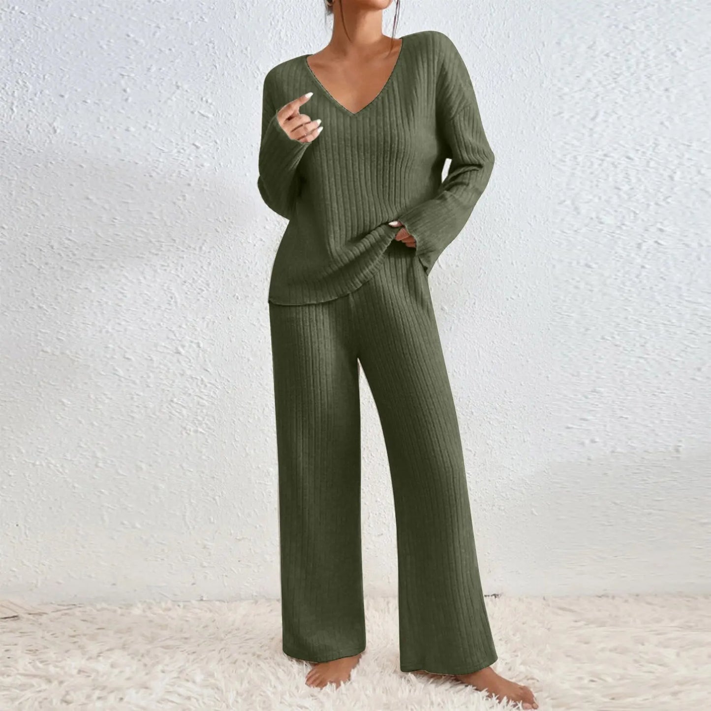 HABAN | Conjunto de dos piezas con pantalones rectos y top con escote en V