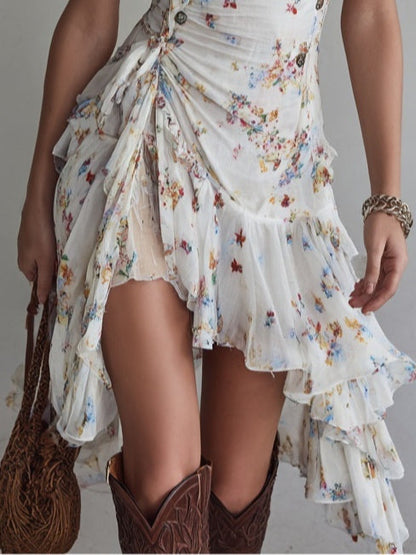 Vestido Mini de Viscosa con Tirantes Finos y Estampado Floral Retro