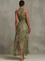 SERENA | Vestido largo verde floral en chiffon con escote halter