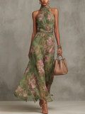 SERENA | Vestido largo verde floral en chiffon con escote halter