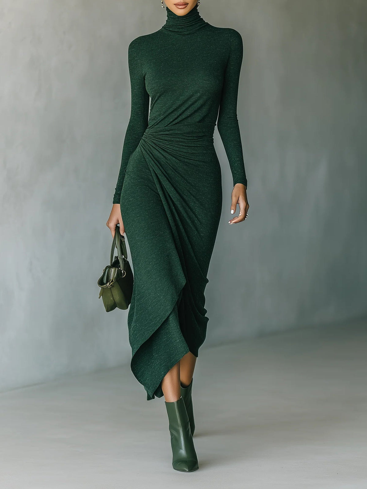 LENORA | Vestido midi envolvente asimétrico con pliegues y cuello alto verde oscuro