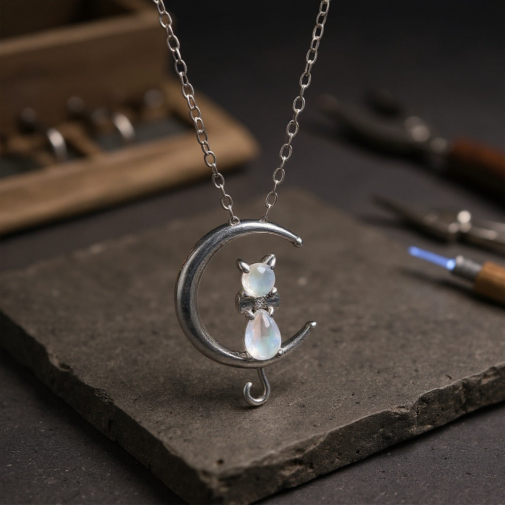 Collar de piedra lunar creciente con gato