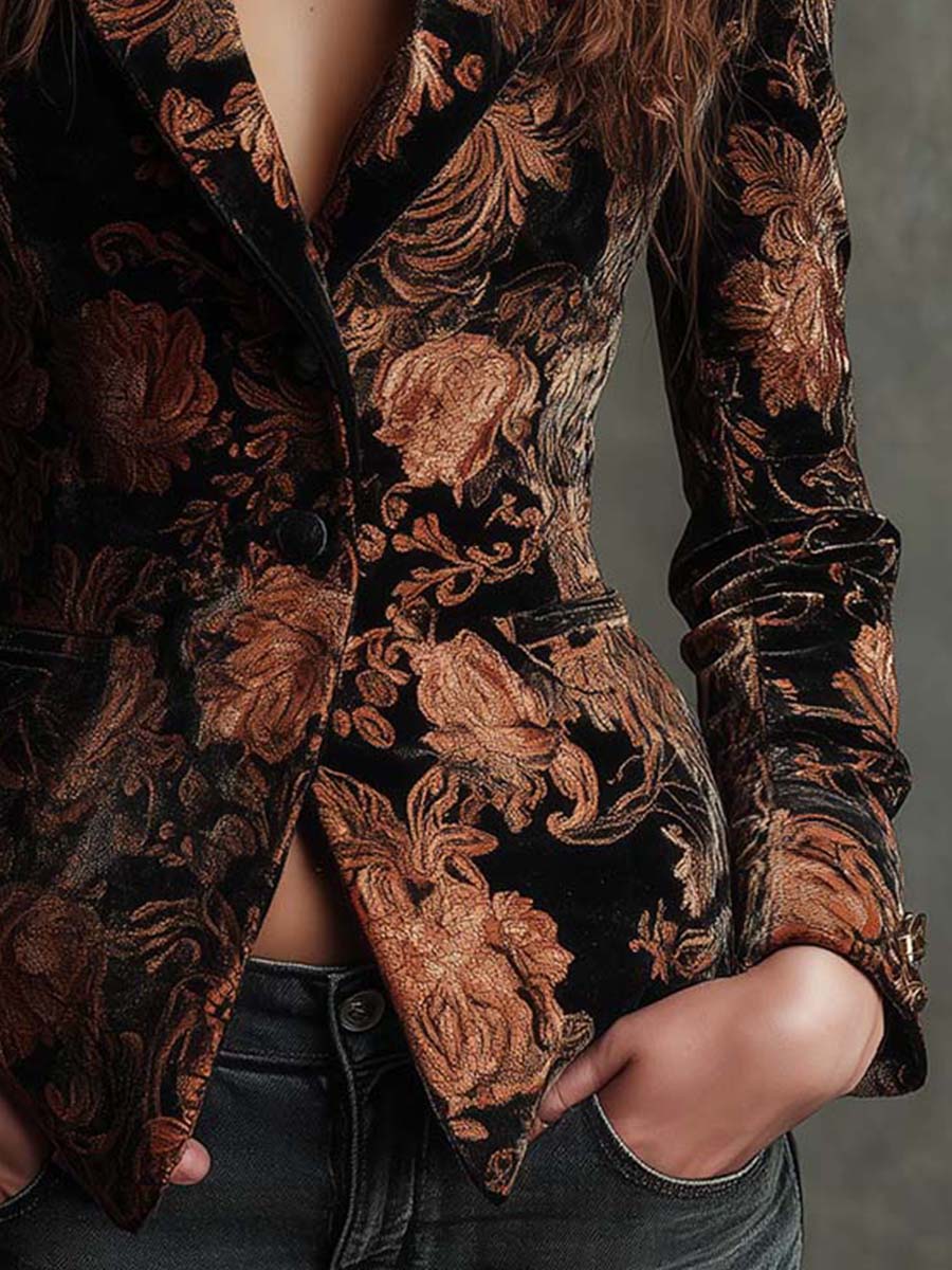 SOFIA | Blazer Sartorial con Estampado Floral Negro y Bronce