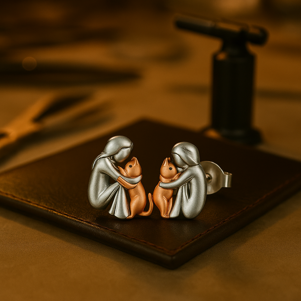 Pendientes Cat Hug bicolor de plata y oro